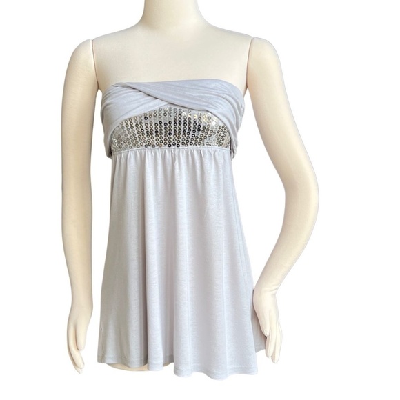 Express Tops - Express Silver Strapless Bandeau Top With Sequin Detail And Empire Waist Sz M